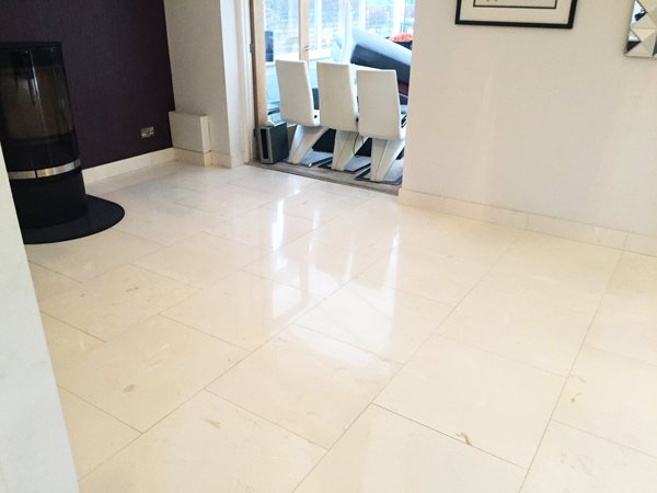 White Limestone tiled kitchen floor