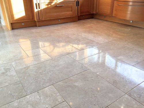 Polished beige Travertine kitchen floor