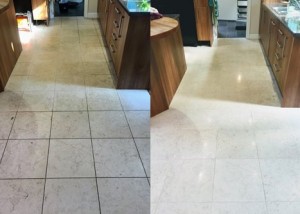 Before and after Catania Limestone kitchen floor clean