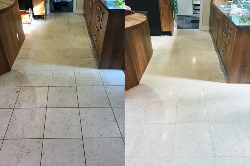 Before and after Catania Limestone kitchen floor clean