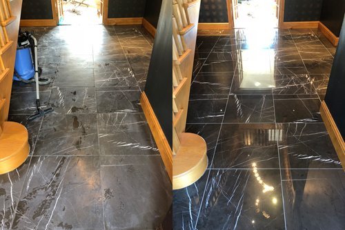 Polished Nero black marble floor before and after