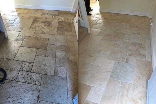 Tumbled Travertine kitchen floor clean before after