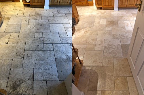 Tumbled waxed Travertine floor cleaning