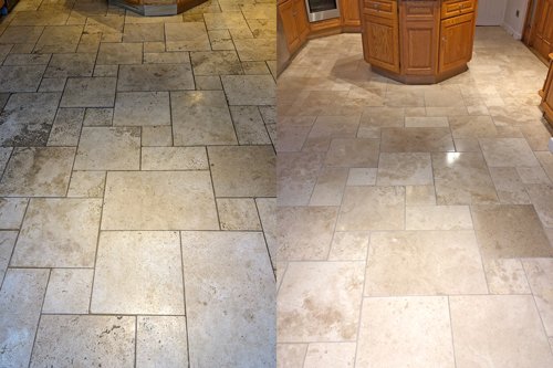 Wax removal before and after Travertine floor