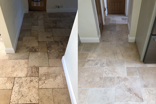 Tiled Travertine floor before after